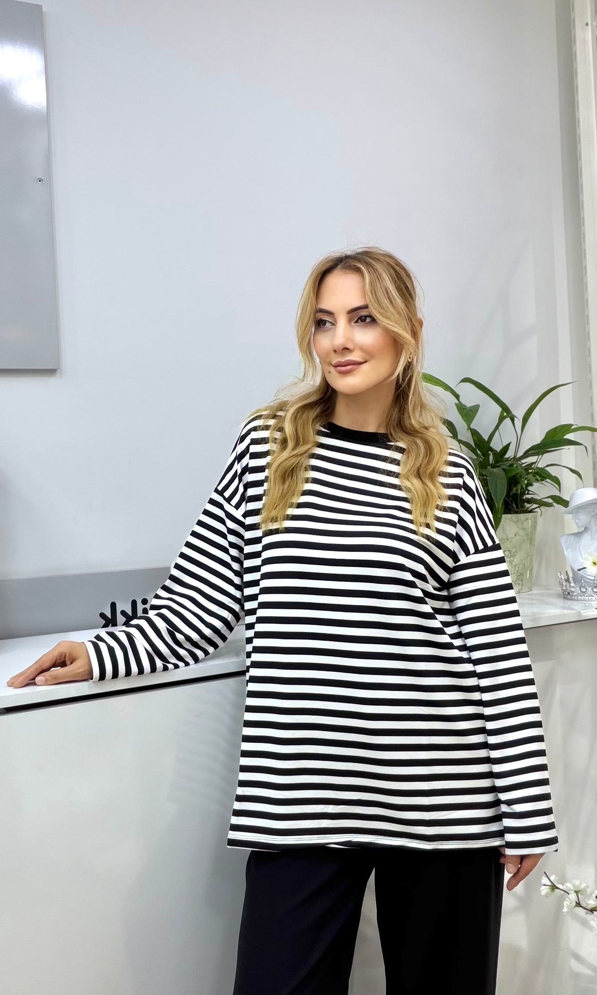 Çizgili Penye Sweatshirt Siyah