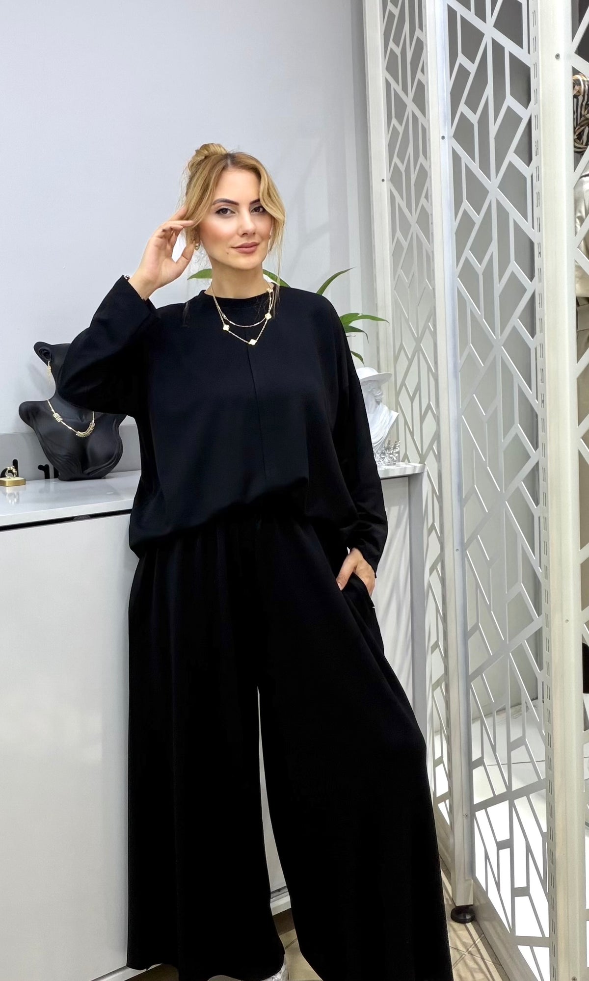 Yeni Sezon Oysho Kumaş Liva Palazzo Takım Siyah