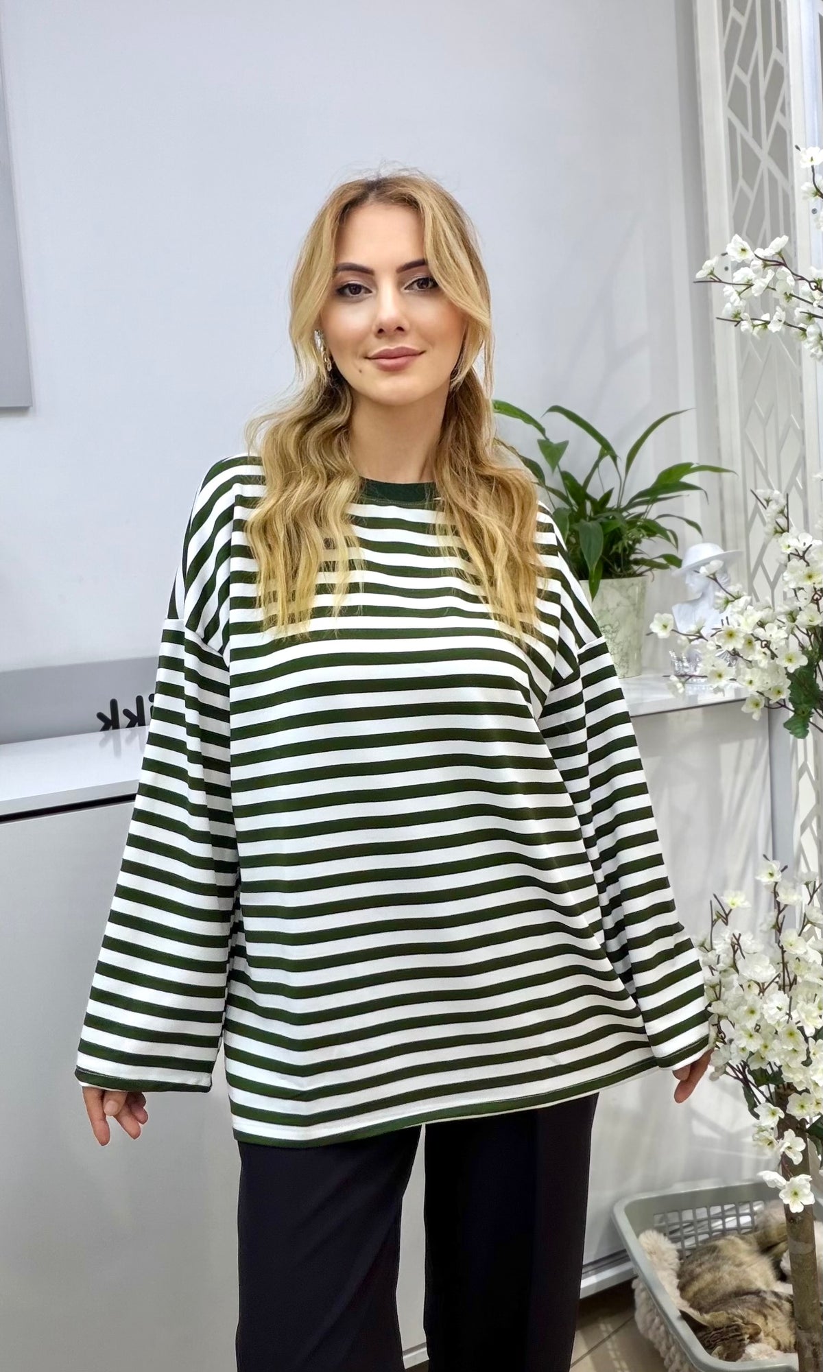 Çizgili Penye Sweatshirt Haki Yeşili