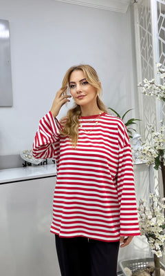Çizgili Penye Sweatshirt Kırmızı