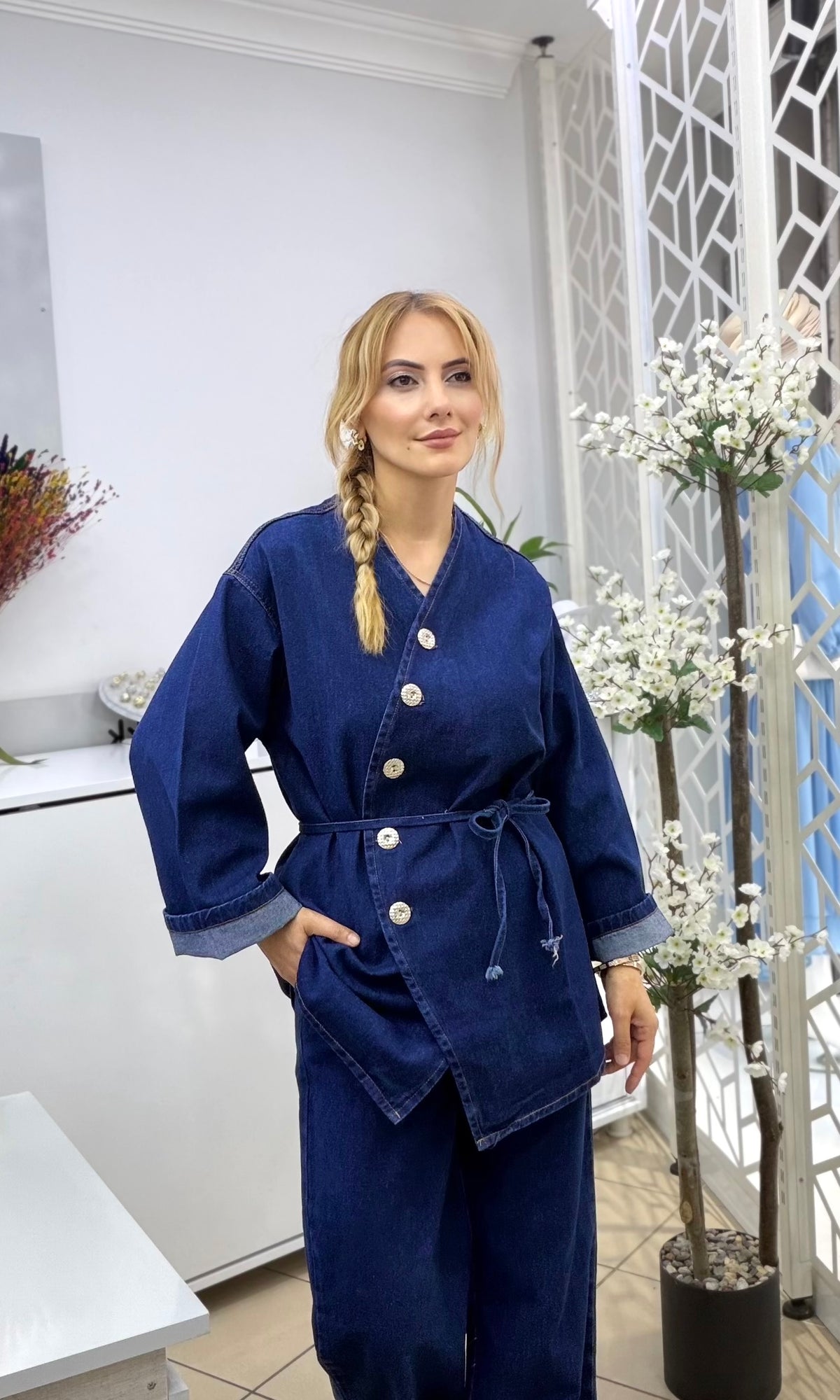 Oval Düğmeli Kot Takım Lacivert