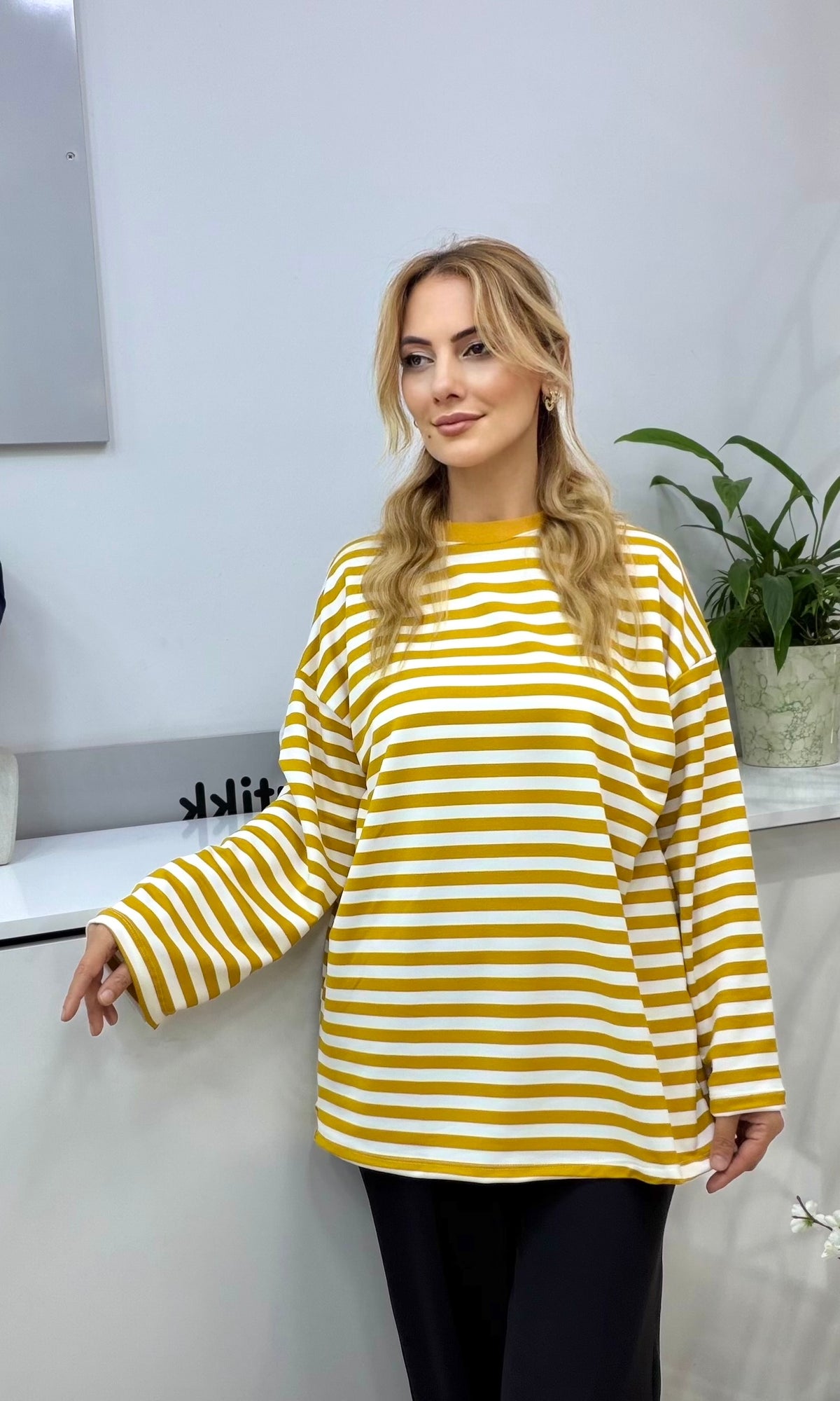 Çizgili Penye Sweatshirt Hardal Sarı