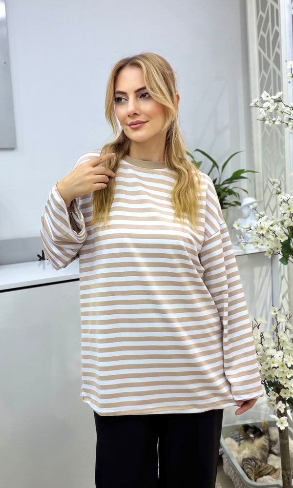 Çizgili Penye Sweatshirt Bej