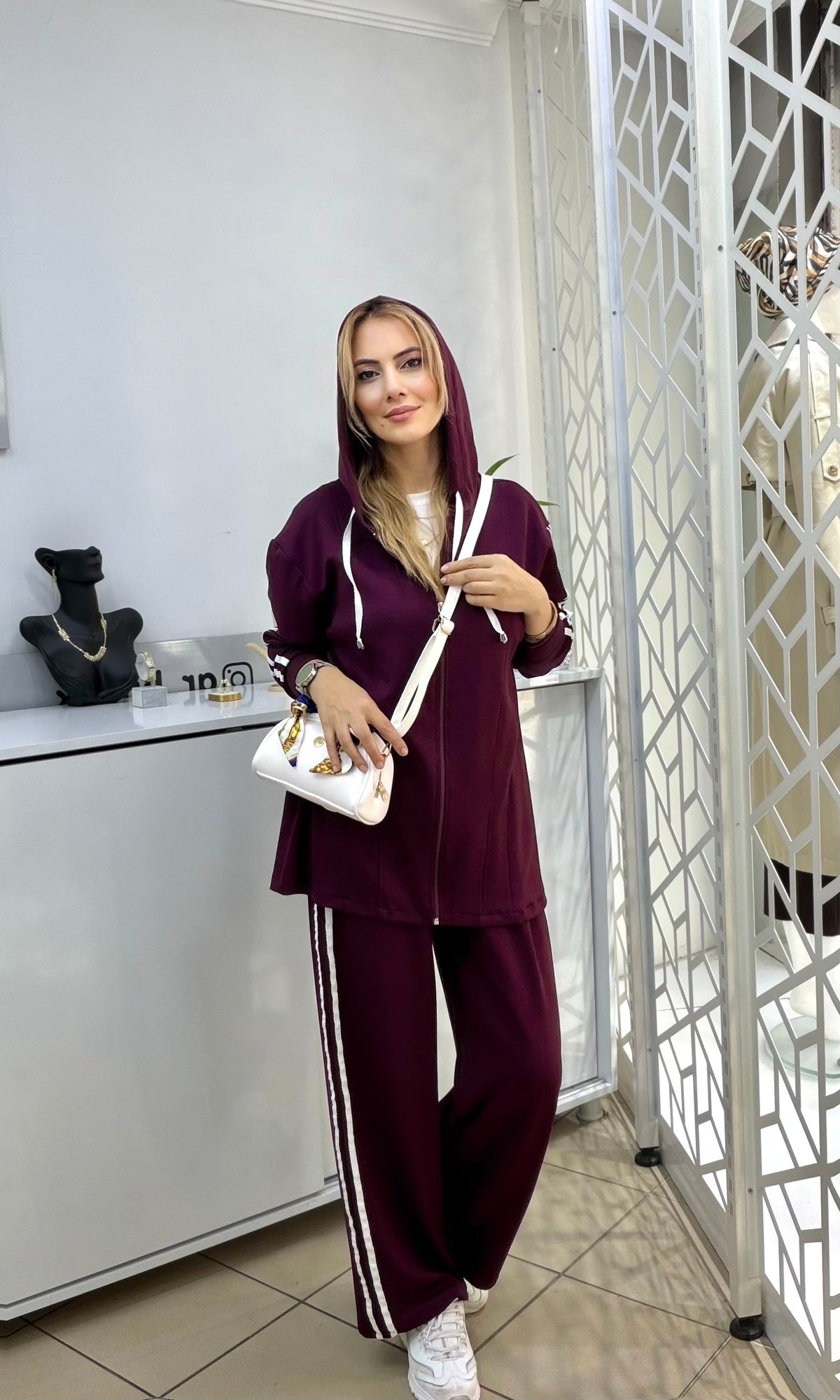 Oysho Kumaş Kapüşonlu Fermuarlı Takım Bordo