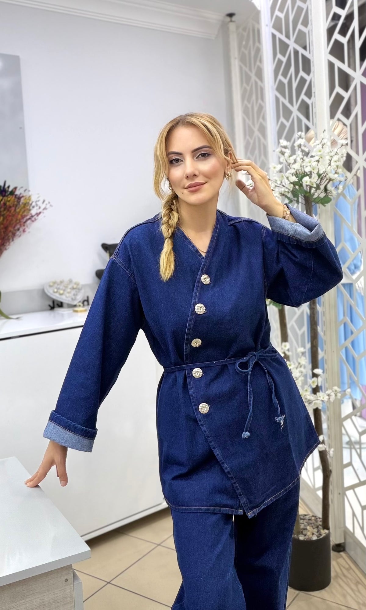 Oval Düğmeli Kot Takım Lacivert