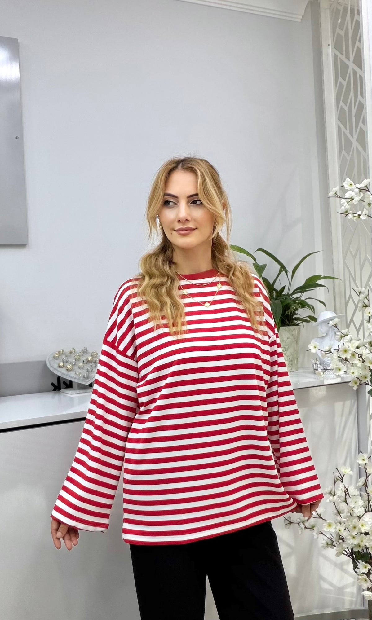 Çizgili Penye Sweatshirt Kırmızı