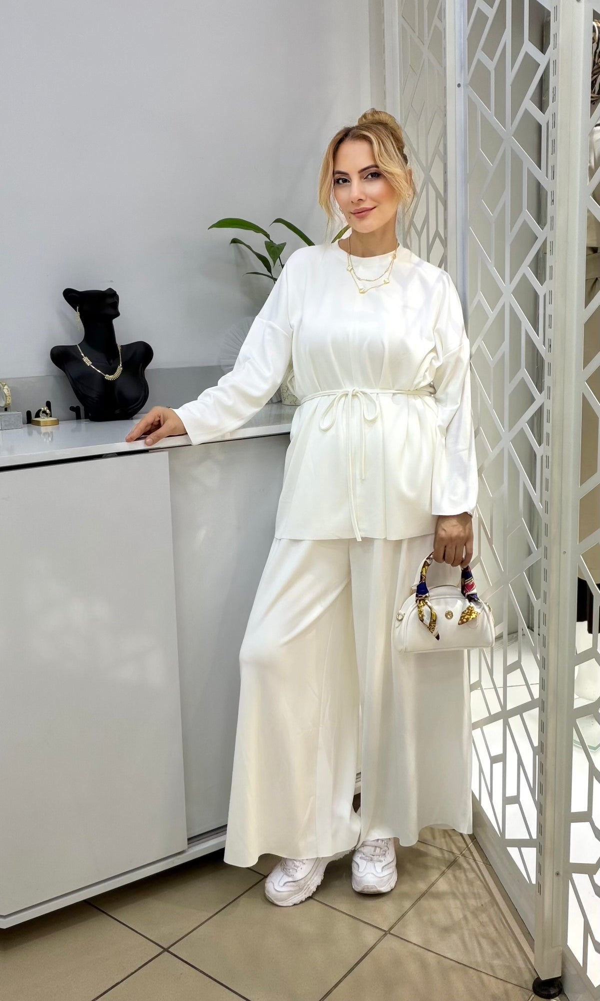 Yeni Sezon Oysho Kumaş Liva Palazzo Takım Beyaz