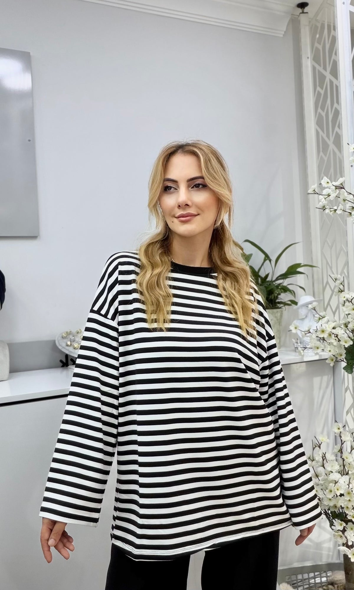 Çizgili Penye Sweatshirt Siyah