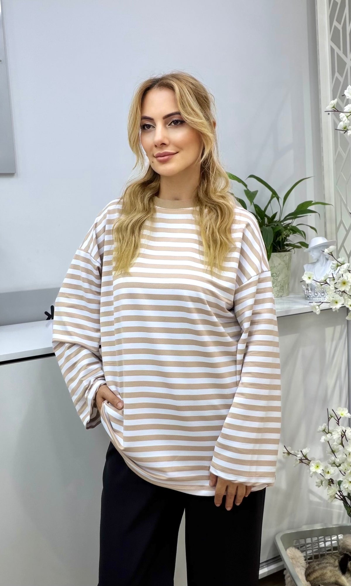 Çizgili Penye Sweatshirt Bej