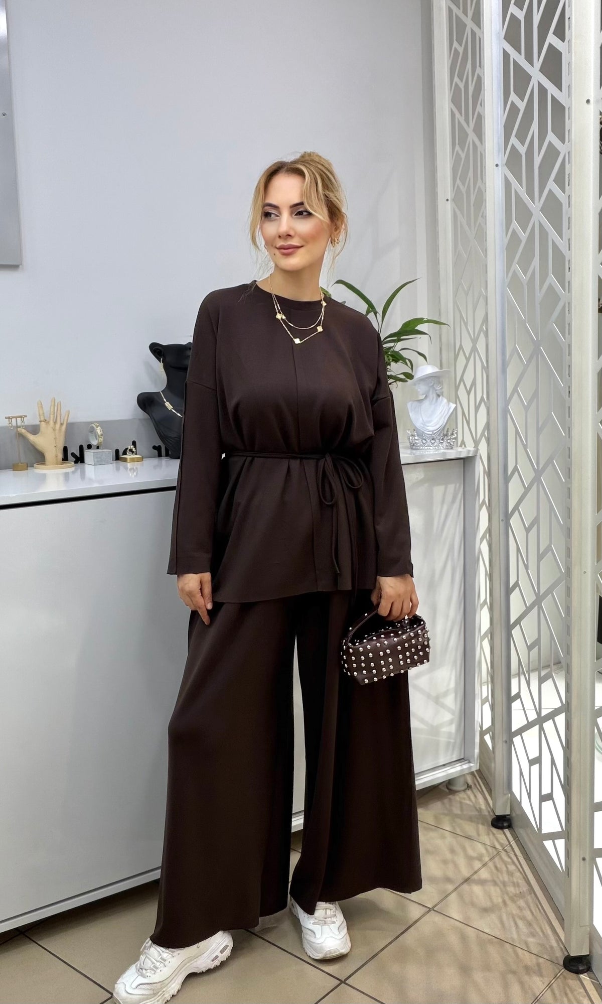 Yeni Sezon Oysho Kumaş Liva Palazzo Takım Kahverengi