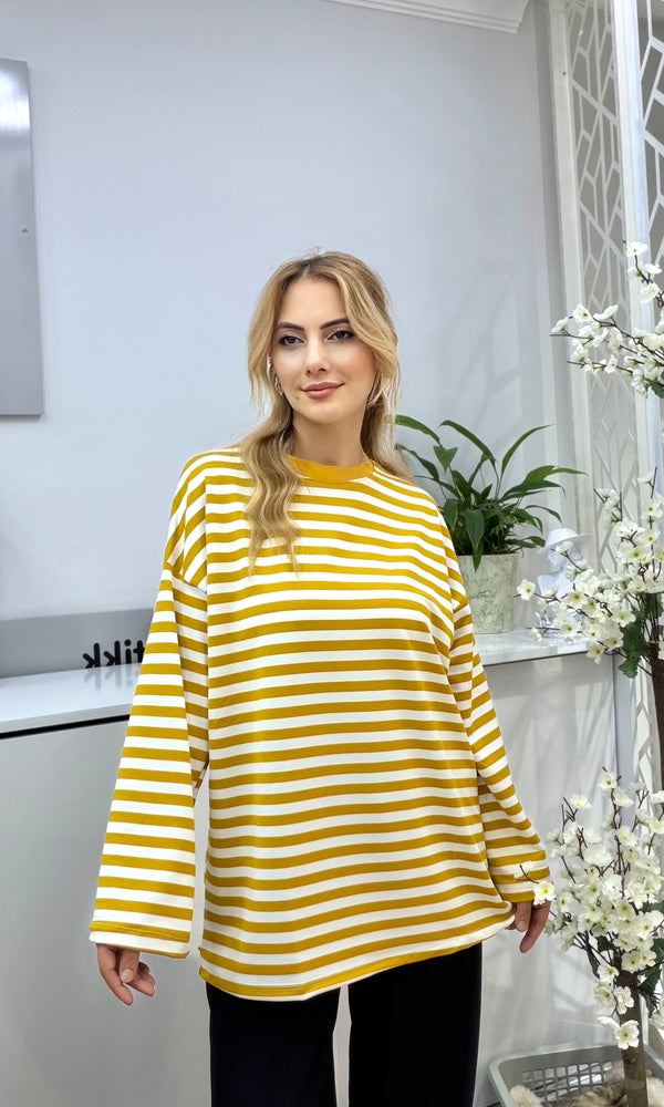 Çizgili Penye Sweatshirt Hardal Sarı