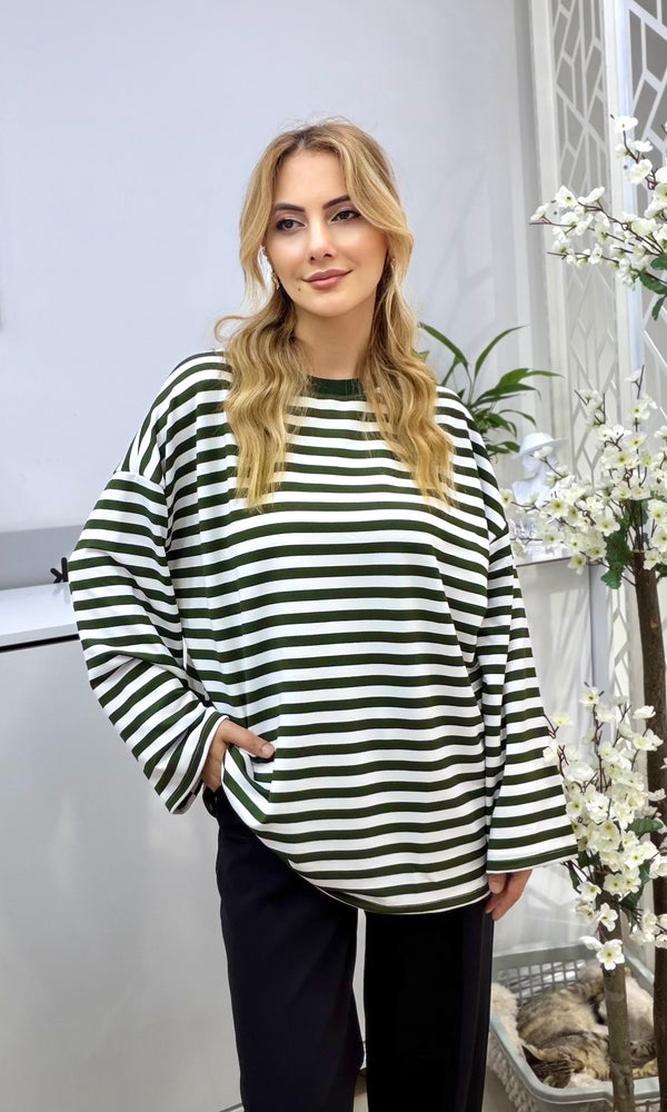 Çizgili Penye Sweatshirt Haki Yeşili