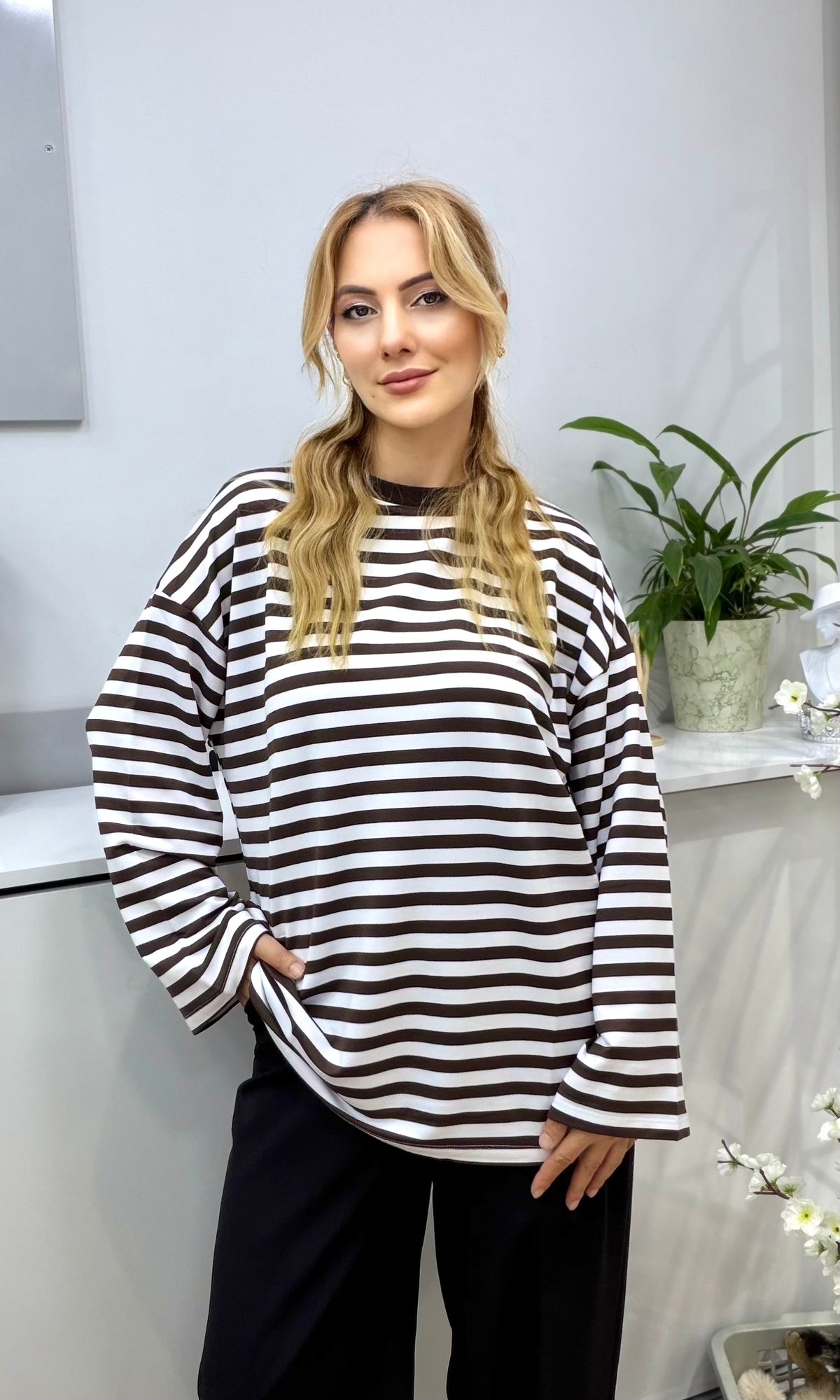 Çizgili Penye Sweatshirt Kahverengi
