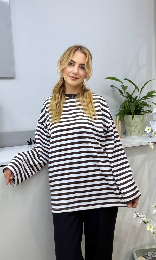 Çizgili Penye Sweatshirt Kahverengi