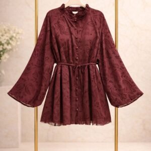 Tül Detaylı Astarlı Tunik - Bordo