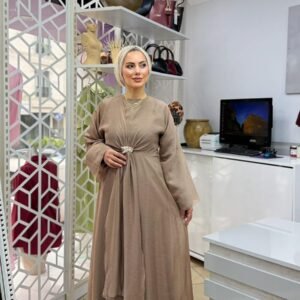 Vual kumaş astalı şimal elbise - Kahverengi, 44
