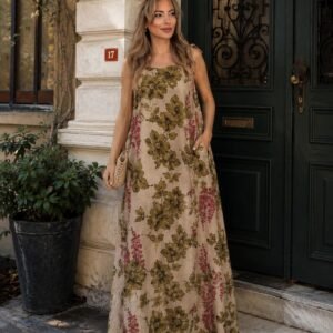Vintage bej flora elbise
